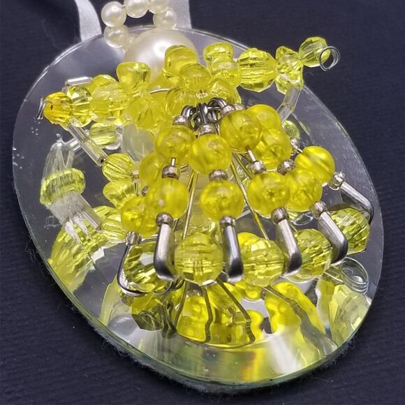 Vintage Yellow Beaded Angel Ornament Mirror 3"Pearl Handmade Safety Pins - Picture 3 of 5